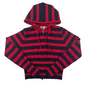 Urban Weekend Juniors Cropped Striped Knit Zip Up Jacket - Red Black - Large